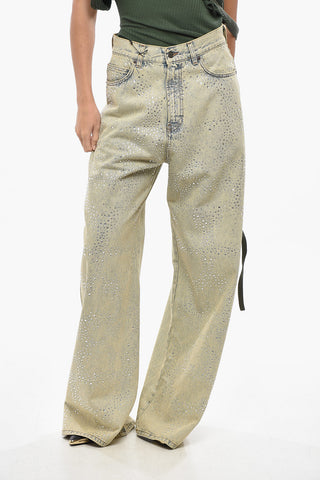 Jeans Wide Leg Lavaggio Vintage con Strass 30cm