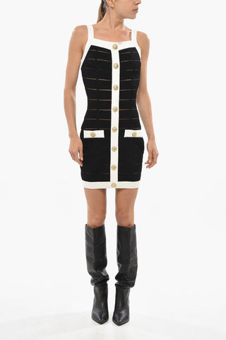 Knit Sheath Dress with Contrast Details and Front Buttoning