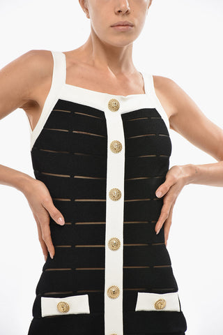 Knit Sheath Dress with Contrast Details and Front Buttoning