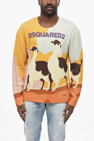 Virgin Wool Crewneck Sweater with Llama Print