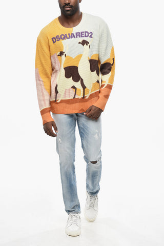 Virgin Wool Crewneck Sweater with Llama Print
