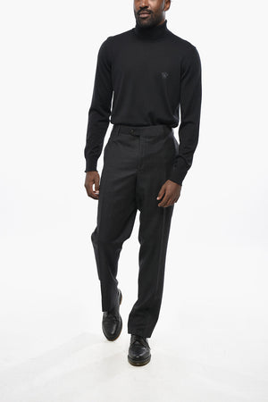 Virgin Wool Checked Trousers with Regular Waist