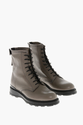 Textured Letaher Combat Boots with Contrasting Sole