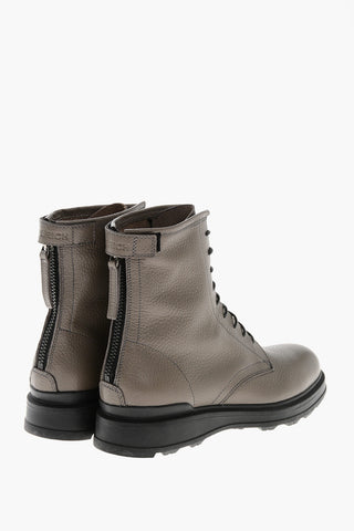 Textured Letaher Combat Boots with Contrasting Sole