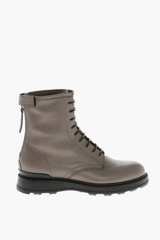 Textured Letaher Combat Boots with Contrasting Sole