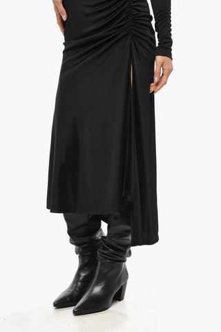 Draped Sheath Dress with Sheer Monogram Details