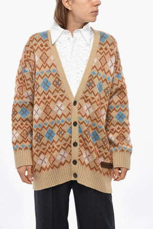 Maxi Cardigan with Argyle Pattern and Heart-Shaped Cut-Out Detail