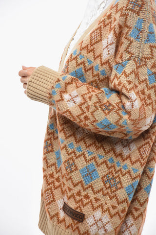 Maxi Cardigan with Argyle Pattern and Heart-Shaped Cut-Out Detail