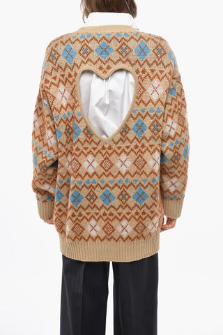 Maxi Cardigan with Argyle Pattern and Heart-Shaped Cut-Out Detail