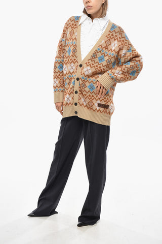 Maxi Cardigan with Argyle Pattern and Heart-Shaped Cut-Out Detail