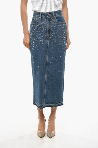 Denim Midi Skirt with Crystals