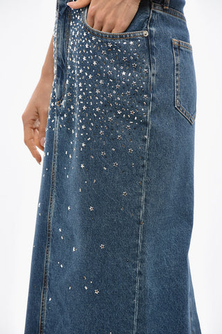 Denim Midi Skirt with Crystals