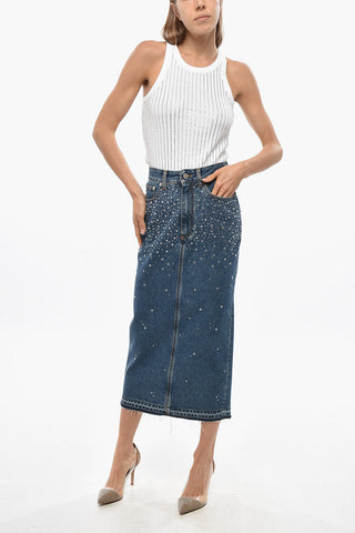 Denim Midi Skirt with Crystals