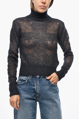 Turtleneck Open Work Mohair Blend Sweater