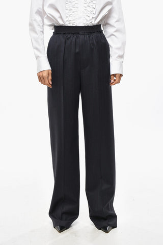 Pantaloni Straight Fit in Lana con Elastico in Vita