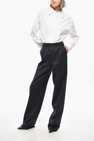 Pantaloni Straight Fit in Lana con Elastico in Vita