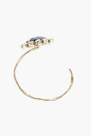 Golden Effect Metal Open Bangle Bracelet with Floral Design Embellished with Rhinestones