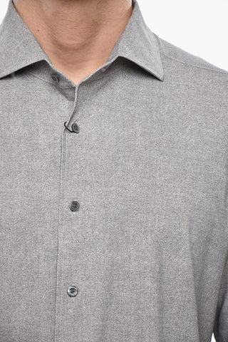 Camicia in Nylon Stretch Motivo Herringbone con Collo Francese