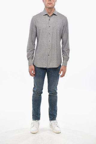 Camicia in Nylon Stretch Motivo Herringbone con Collo Francese