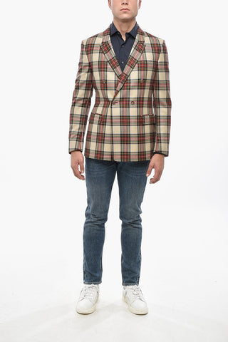 CC COLLECTION Virgin Wool Double-Breasted Jacket with Tartan Pattern