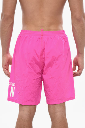 ICON Solid-Color Boxer Swim Shorts with Printed Logo