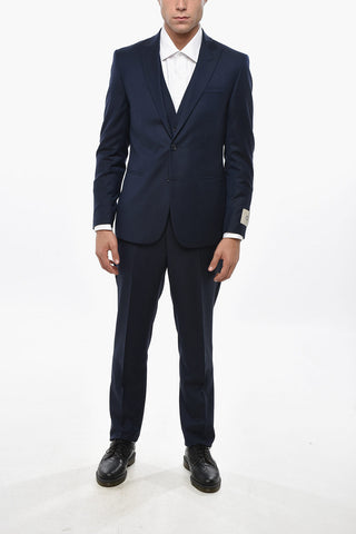 CC COLLECTION Virgin Wool Side Vents Peak Lapel 3 Piece Waistcoat Suit