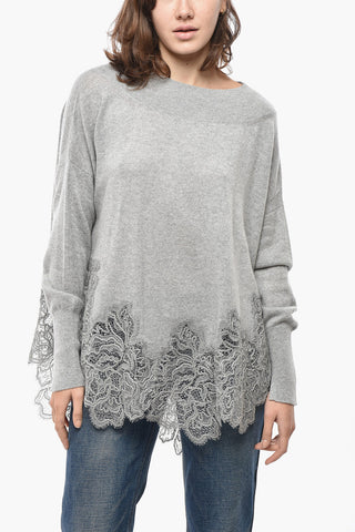 Turtleneck Pure Cashmere Sweater with Lace Hem