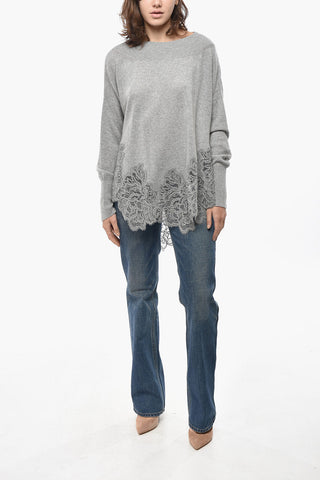 Maglia a Collo Alto in Puro Cashmere con Fondo in Pizzo