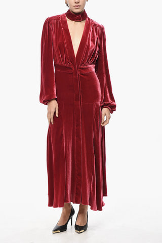 Velour Tie-Neck Shirt Dress with Flared Hem