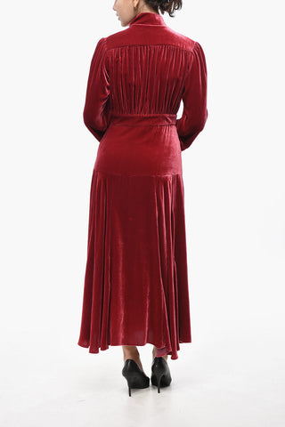 Velour Tie-Neck Shirt Dress with Flared Hem