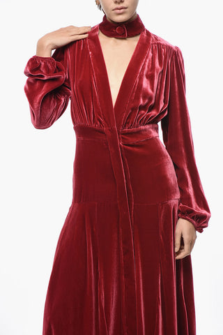 Velour Tie-Neck Shirt Dress with Flared Hem