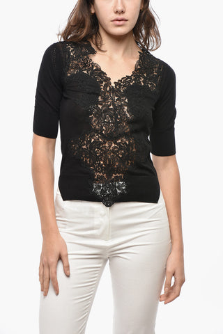 Kurzarm-Pullover aus Cashmere-Mix mit Spitzendetail