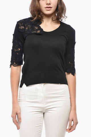 Maglia Girocollo in Lana Merino con Dettagli in Pizzo