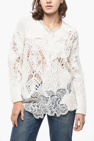 Oversize-Pullover aus Wollmischung mit Zopfstrick und Spitzendetails
