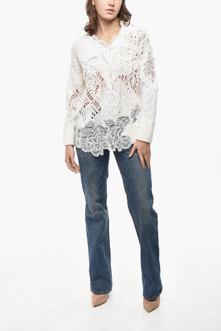 Oversize-Pullover aus Wollmischung mit Zopfstrick und Spitzendetails