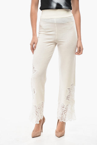 Pantaloni Palazzo in Cashmere con Fondo in Pizzo