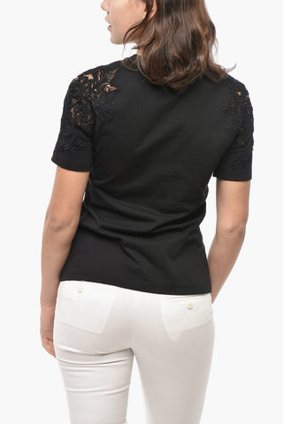 T-Shirt a Maniche Lunghe in Cotone con Applicazioni in Pizzo