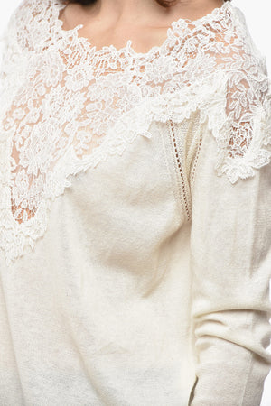 Rundhalspullover aus Baumwollmischung mit Spitzendetail