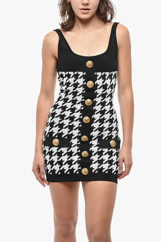 Two-Tone Houndstooth Dress with Gold Buttons