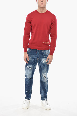 Crewneck Virgin Wool Sweater with Flocked Logo