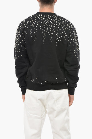 Rundhals-Sweatshirt Aus Angerauter Baumwolle mit Applizierten Kristallen