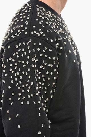 Rundhals-Sweatshirt Aus Angerauter Baumwolle mit Applizierten Kristallen
