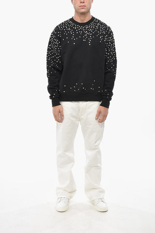 Rundhals-Sweatshirt Aus Angerauter Baumwolle mit Applizierten Kristallen