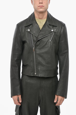 Giubbotto Biker in Pelle Intrecciata con Logo Ricamato