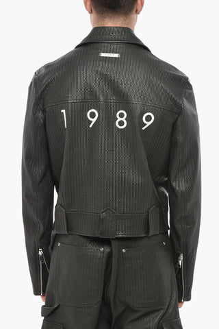 Giubbotto Biker in Pelle Intrecciata con Logo Ricamato