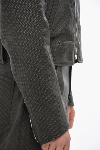 Giubbotto Biker in Pelle Intrecciata con Logo Ricamato