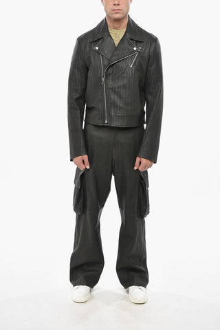 Giubbotto Biker in Pelle Intrecciata con Logo Ricamato
