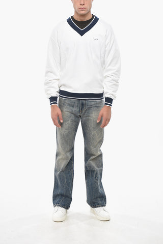 Brushed Sweatshirt with V-Neck and Contrast Details