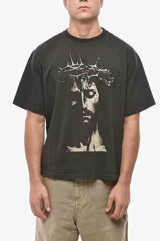 Crew Neck JESUS Cotton T-Shirt with Front Print