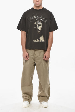 Crew Neck JESUS Cotton T-Shirt with Front Print